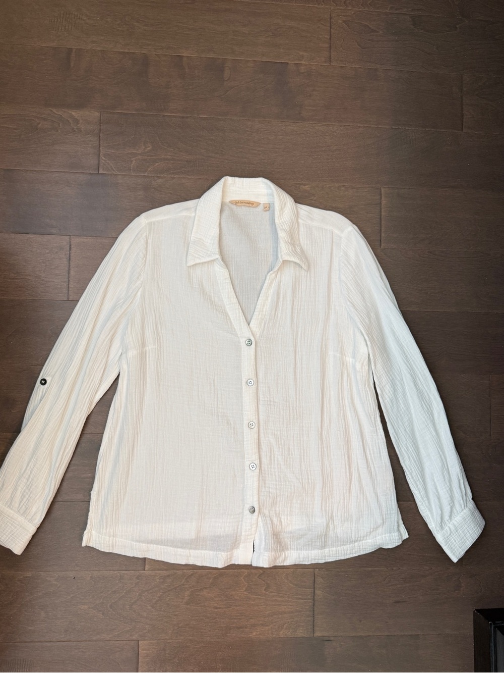 Soft Surroundings Escambia White Button Cotton Gauze Roll Tab Sleeves Top Large